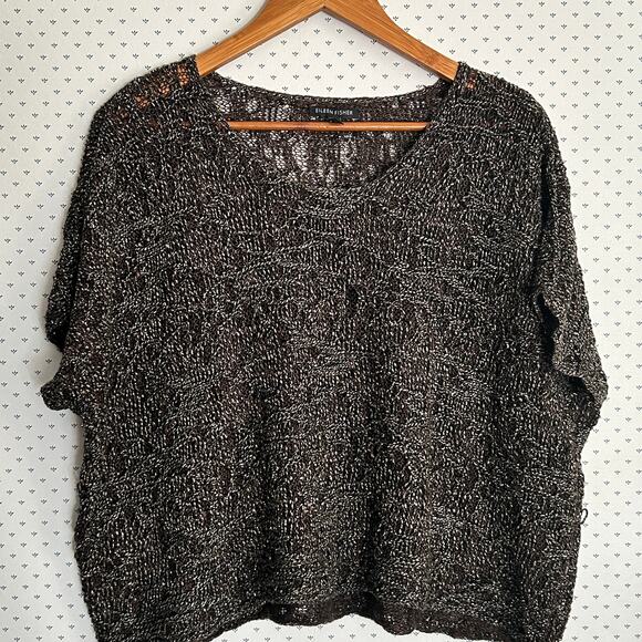 Eileen Fisher Dolman Boxy Sweater L PL LP Top Brown Gold Shimmer Linen Capsule - Picture 6 of 10